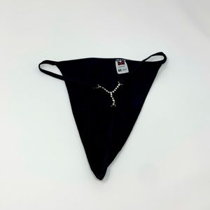 Vintage Black Satin Thong With Rhinestone Detail